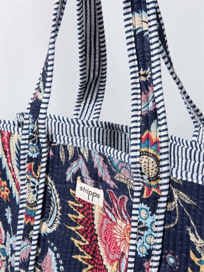 NIGHTBLOOM- Floral Desenli Lacivert Pamuklu Kumaş Günlük Omuz Çantası - Tote Bag