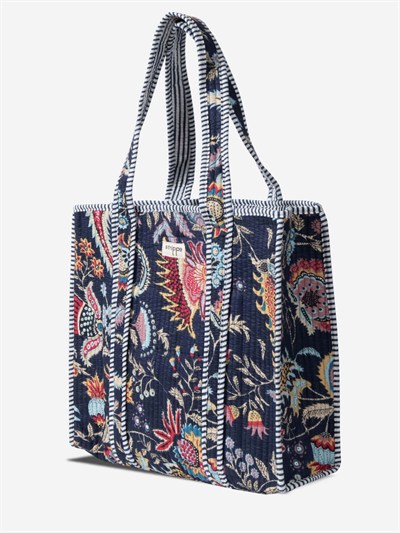 NIGHTBLOOM- Floral Desenli Lacivert Pamuklu Kumaş Günlük Omuz Çantası - Tote Bag