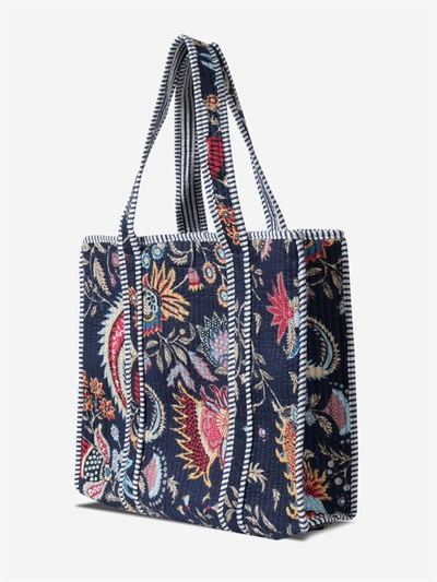 NIGHTBLOOM- Floral Desenli Lacivert Pamuklu Kumaş Günlük Omuz Çantası - Tote Bag