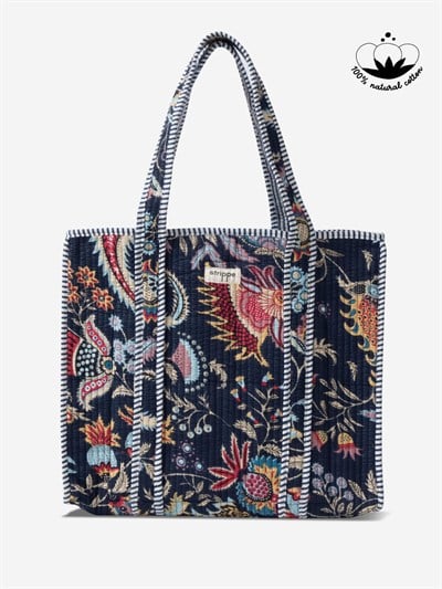 NIGHTBLOOM- Floral Desenli Lacivert Pamuklu Kumaş Günlük Omuz Çantası - Tote Bag