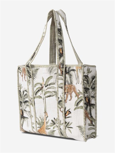 PALMWHITE - Palmiye Desenli Beyaz Pamuklu Kumaş Günlük Omuz Çantası - Tote Bag