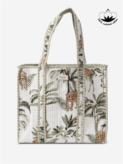 PALMWHITE - Palmiye Desenli Beyaz Pamuklu Kumaş Günlük Omuz Çantası - Tote Bag