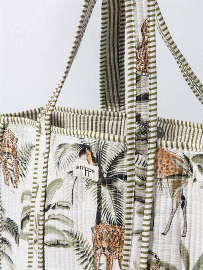 PALMWHITE - Palmiye Desenli Beyaz Pamuklu Kumaş Günlük Omuz Çantası - Tote Bag