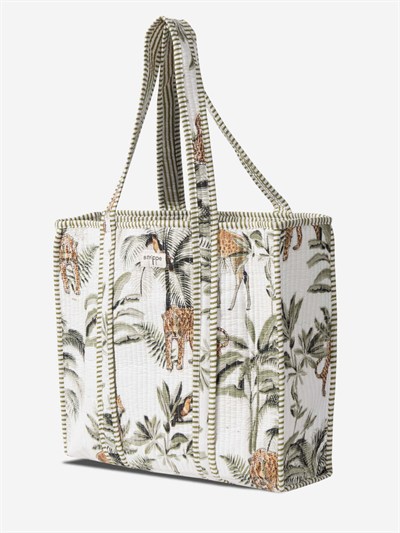 PALMWHITE - Palmiye Desenli Beyaz Pamuklu Kumaş Günlük Omuz Çantası - Tote Bag