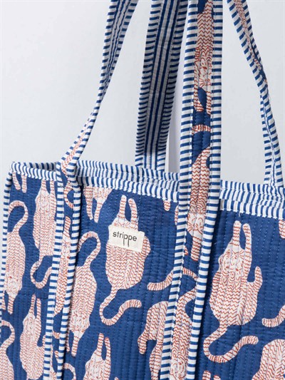 PANTHERA - Kaplan Desenli Mavi Pamuklu Kumaş Günlük Omuz Çantası - Tote Bag