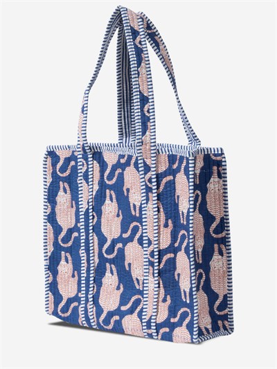 PANTHERA - Kaplan Desenli Mavi Pamuklu Kumaş Günlük Omuz Çantası - Tote Bag