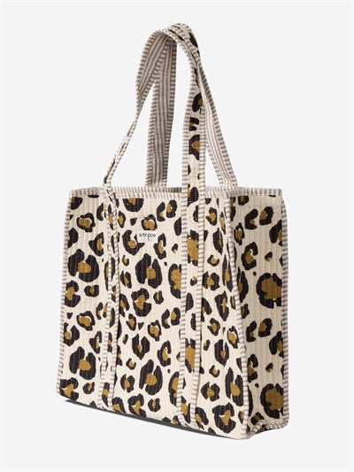 SAFARI- Leopar Desenli Bej Pamuklu Kumaş Günlük Omuz Çantası - Tote Bag