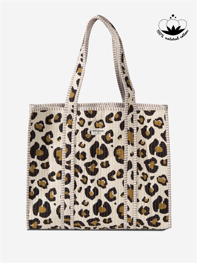 SAFARI- Leopar Desenli Bej Pamuklu Kumaş Günlük Omuz Çantası - Tote Bag