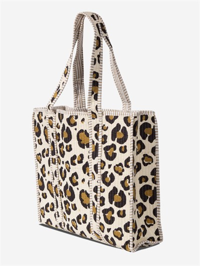 SAFARI- Leopar Desenli Bej Pamuklu Kumaş Günlük Omuz Çantası - Tote Bag