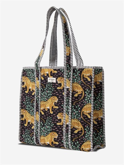 SAVANNA - Leopar Desenli Siyah Pamuklu Kumaş Günlük Omuz Çantası - Tote Bag