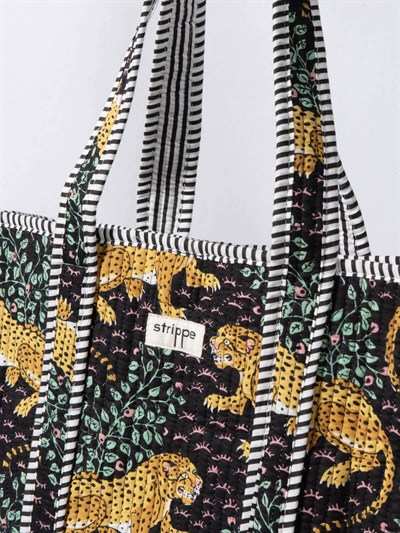 SAVANNA - Leopar Desenli Siyah Pamuklu Kumaş Günlük Omuz Çantası - Tote Bag
