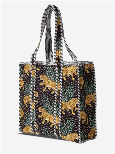 SAVANNA - Leopar Desenli Siyah Pamuklu Kumaş Günlük Omuz Çantası - Tote Bag