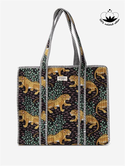SAVANNA - Leopar Desenli Siyah Pamuklu Kumaş Günlük Omuz Çantası - Tote Bag
