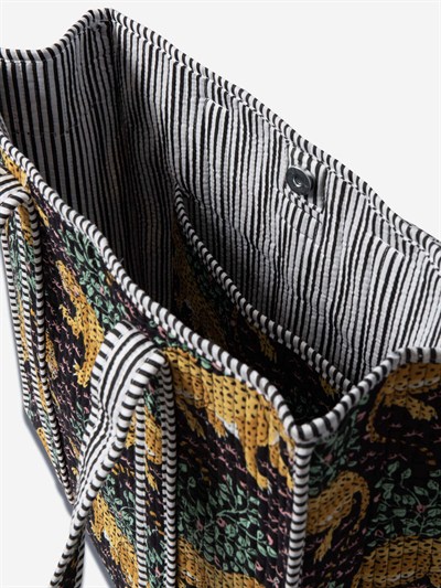 SAVANNA - Leopar Desenli Siyah Pamuklu Kumaş Günlük Omuz Çantası - Tote Bag