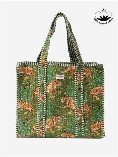 SAVANNA - Leopar Desenli Yeşil Pamuklu Kumaş Günlük Omuz Çantası -  Tote Bag
