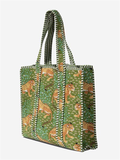 SAVANNA - Leopar Desenli Yeşil Pamuklu Kumaş Günlük Omuz Çantası -  Tote Bag