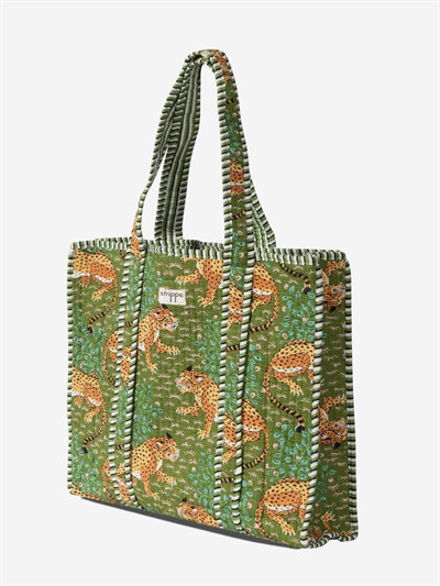 SAVANNA - Leopar Desenli Yeşil Pamuklu Kumaş Günlük Omuz Çantası -  Tote Bag