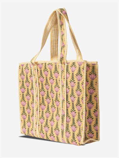 SUNBLOOM- Çiçek Desenli Sarı Pamuklu Kumaş Günlük Omuz Çantası - Tote Bag