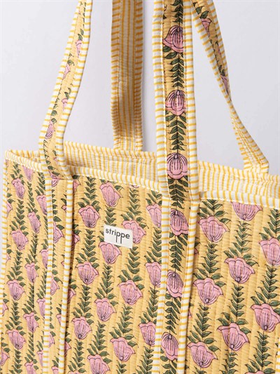 SUNBLOOM- Çiçek Desenli Sarı Pamuklu Kumaş Günlük Omuz Çantası - Tote Bag