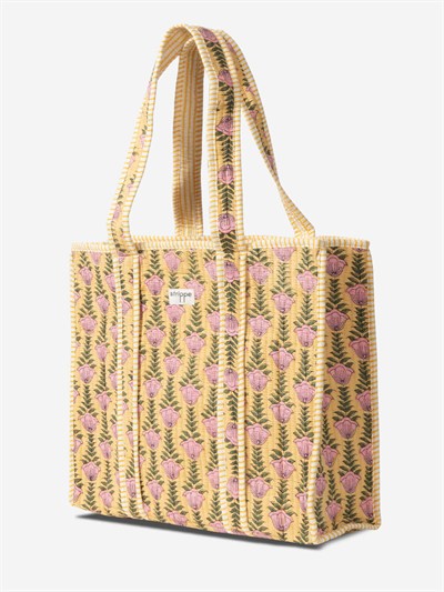 SUNBLOOM- Çiçek Desenli Sarı Pamuklu Kumaş Günlük Omuz Çantası - Tote Bag