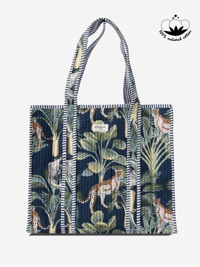WILDWOOD - Leopar Orman Desenli Lacivert Pamuklu Kumaş Günlük Omuz Çantası -  Tote Bag