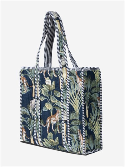 WILDWOOD - Leopar Orman Desenli Lacivert Pamuklu Kumaş Günlük Omuz Çantası -  Tote Bag
