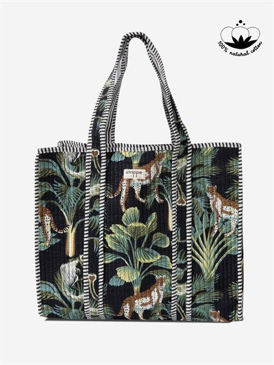 WILDWOOD - Leopar Orman Desenli Siyah Pamuklu Kumaş Günlük Omuz Çantası -  Tote Bag