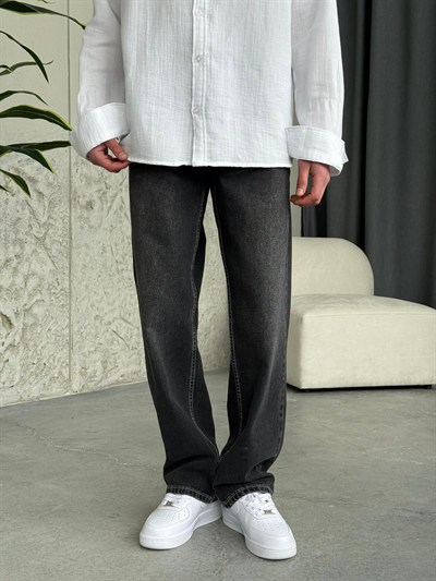 Beyaz Dikişli Füme Baggy Kot Pantolon