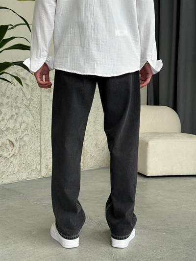 Beyaz Dikişli Füme Baggy Kot Pantolon