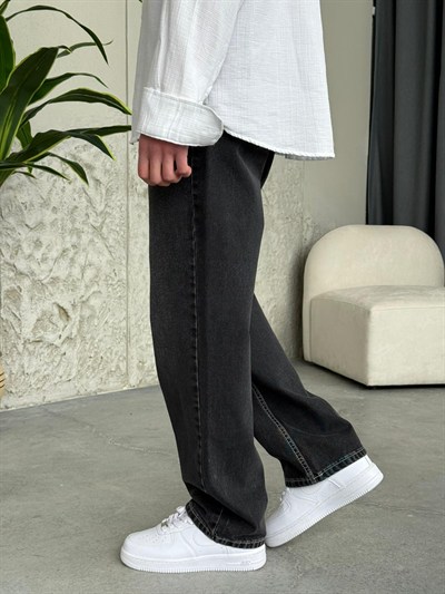 Beyaz Dikişli Füme Baggy Kot Pantolon