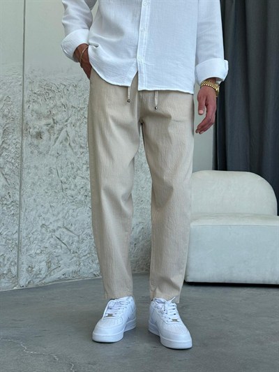 Boyfrıend Kalıp İpli  Krem Jogger Pantolon