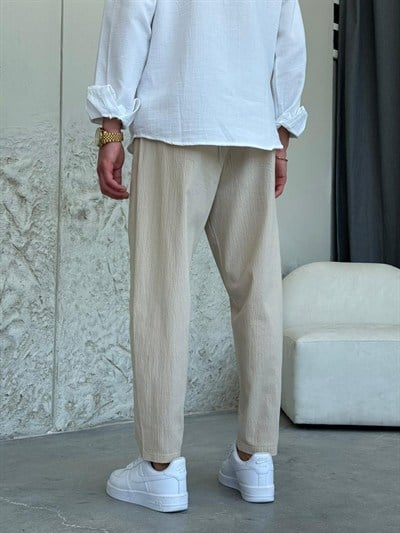 Boyfrıend Kalıp İpli  Krem Jogger Pantolon