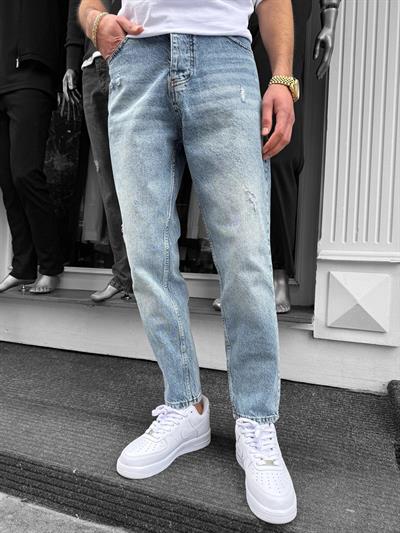 Buz Mavi Yıkamalı Lazerli Boyfriend