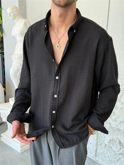 Dokulu Oversıze Siyah Gömlek 