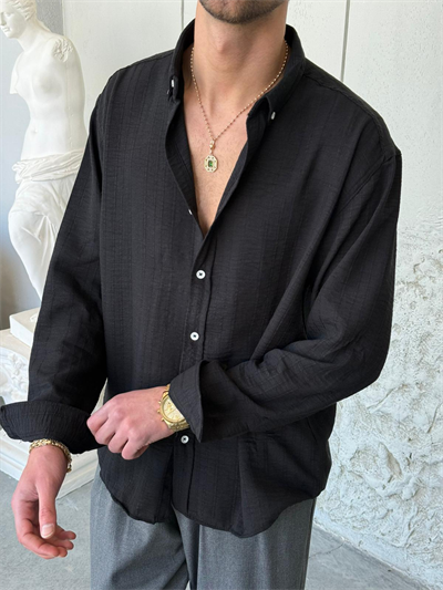 Dokulu Oversıze Siyah Gömlek 