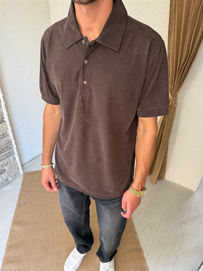 Fırçalı Polo Yaka Kahve Tişört