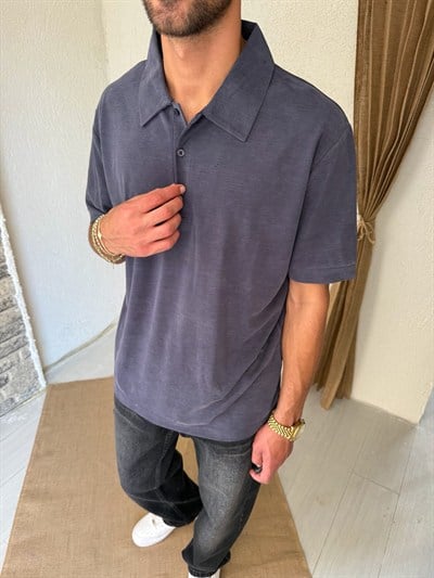 Fırçalı Polo Yaka Lacivert Tişört