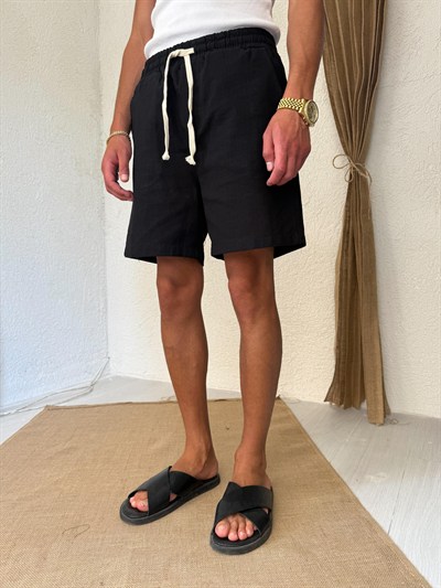 Gabardin Siyah Keten Şort 