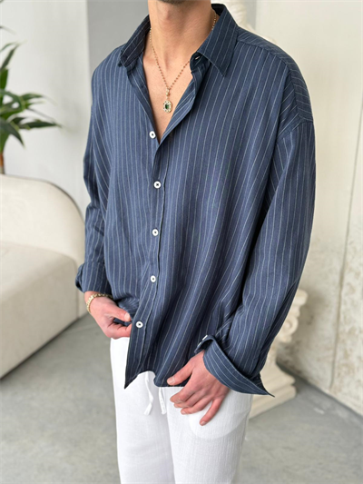 Gıesto Çizgili Lacivert Keten Gömlek