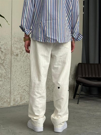 Giesto GG Nakışlı Premium Gabardin Beyaz Pantolon 