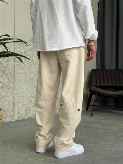 Giesto GG Nakışlı Premium Gabardin Krem Pantolon