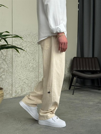 Giesto GG Nakışlı Premium Gabardin Krem Pantolon