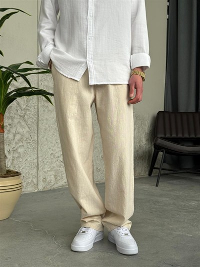 Giesto GG Nakışlı Premium Gabardin Krem Pantolon