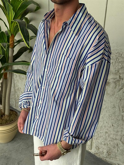 Giesto Renkli Çizgili Oversıze Gömlek