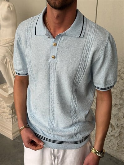 Gold Düğme Detaylı Bebe Mavi Triko 