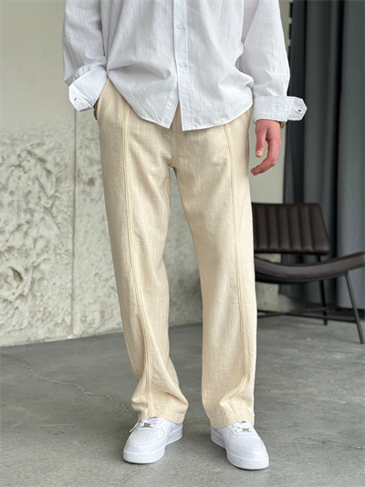 Hasır Şeritli Gıesto Krem Baggy Keten Pantolon 