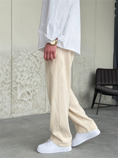 Hasır Şeritli Gıesto Krem Baggy Keten Pantolon 