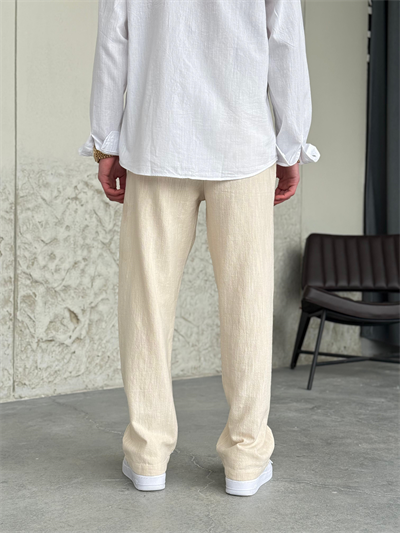 Hasır Şeritli Gıesto Krem Baggy Keten Pantolon 