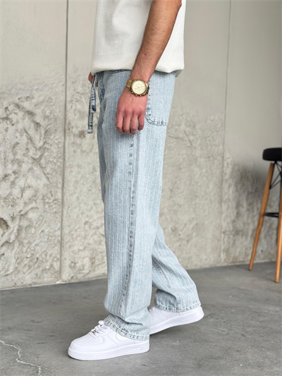 İp Kemer Detaylı Buz Mavi Baggy Pantolon