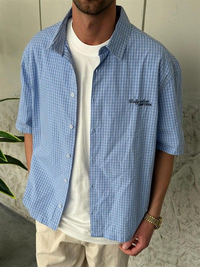 Kareli Kısa Kollu Mavi Gömlek